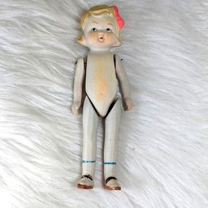Antique Jointed Bisque Japan Doll Hand Painted Blonde With Pink Ribbon